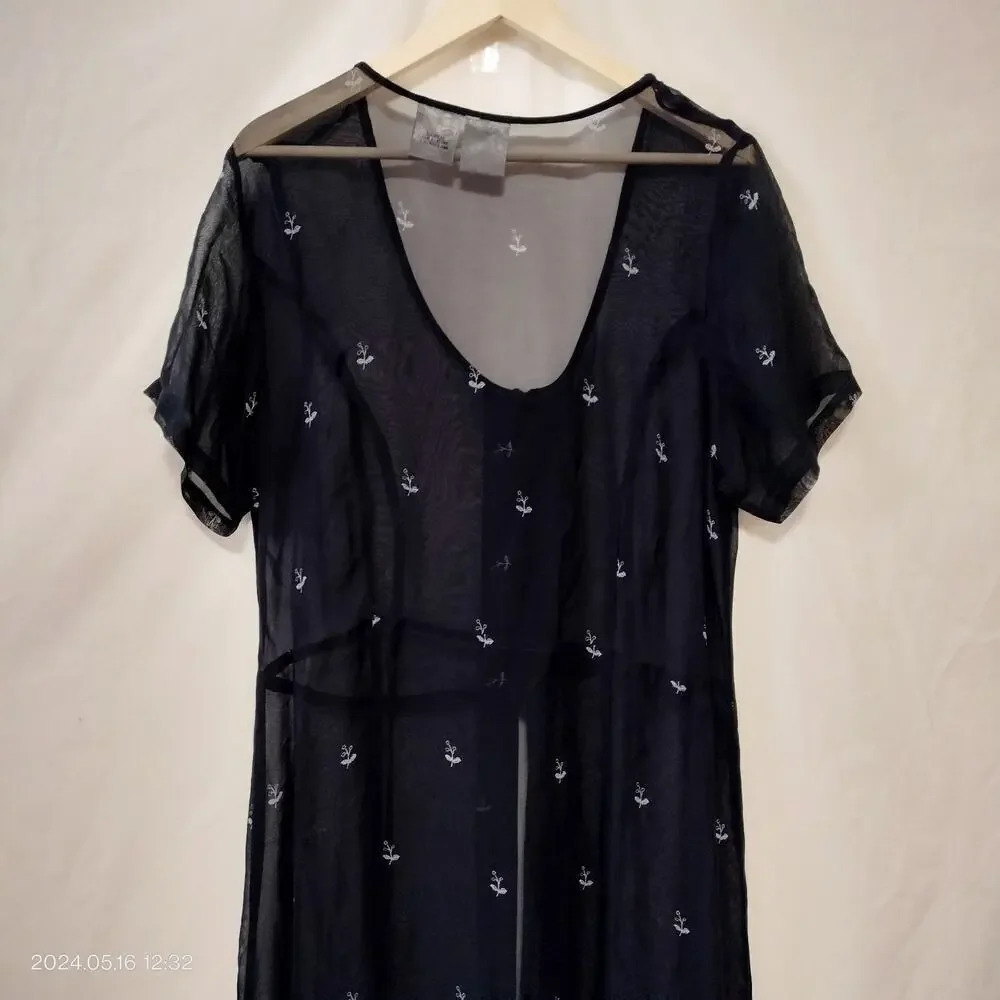 Phool Size XLarge Black Sheer Gray embroidery Maxi Kimono Cover Up Dress - Picture 4 of 10